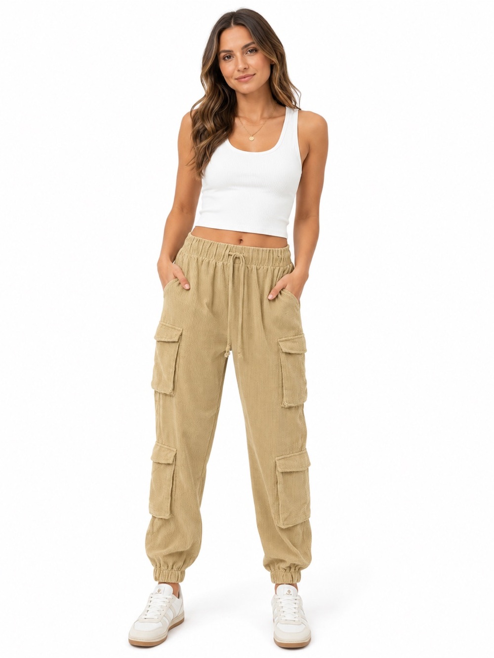 Forever 21 Women’s Corduroy Cargo Joggers in Tan